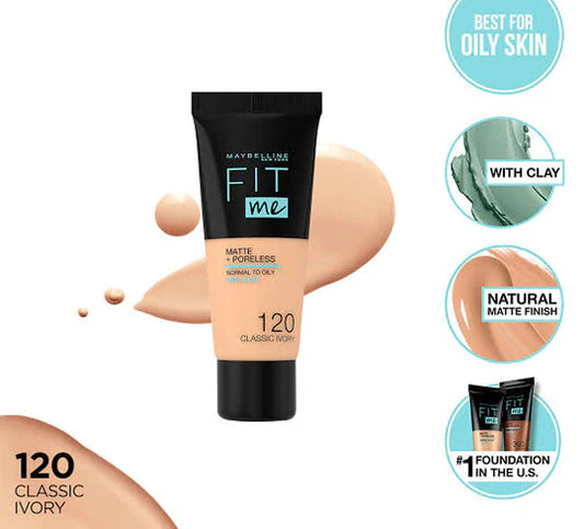 Maybelline New York Fit Me Matte & Poreless Liquid Foundation 18ml Tube – 120 Classic Ivory – For Normal To Oily Skin